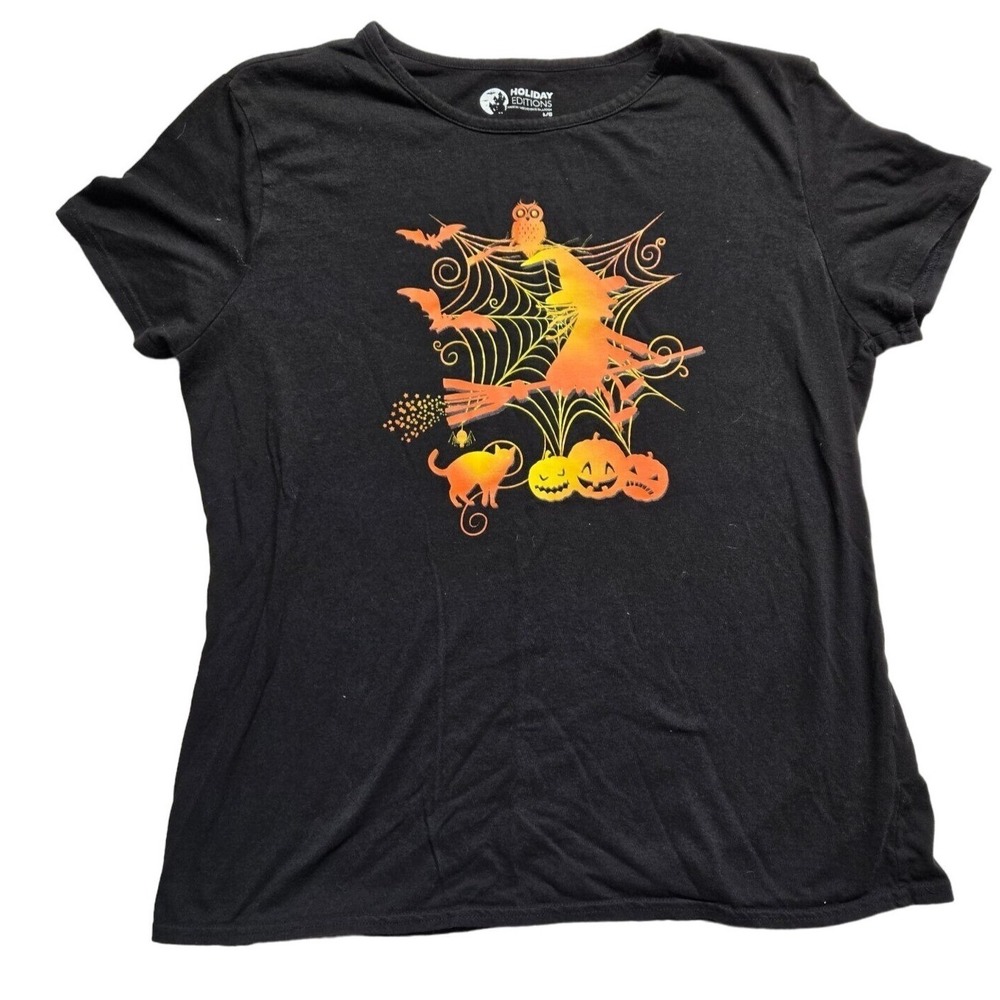 Holiday Editions Halloween Witch Cat Owl Graphic Black‎ T Shirt Large